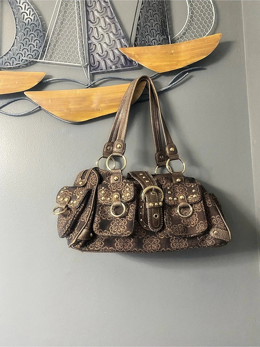 Vintage Y2K McBling - Kathy Van Zeeland Floral Shoulder Bag in Brown & Gold